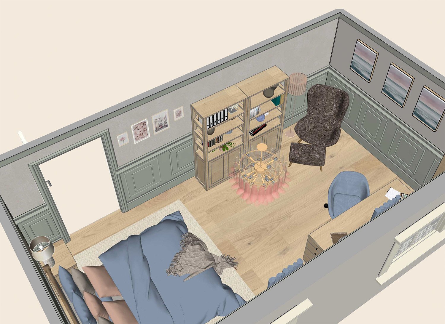 SketchUp 3D-modell gästrum färg