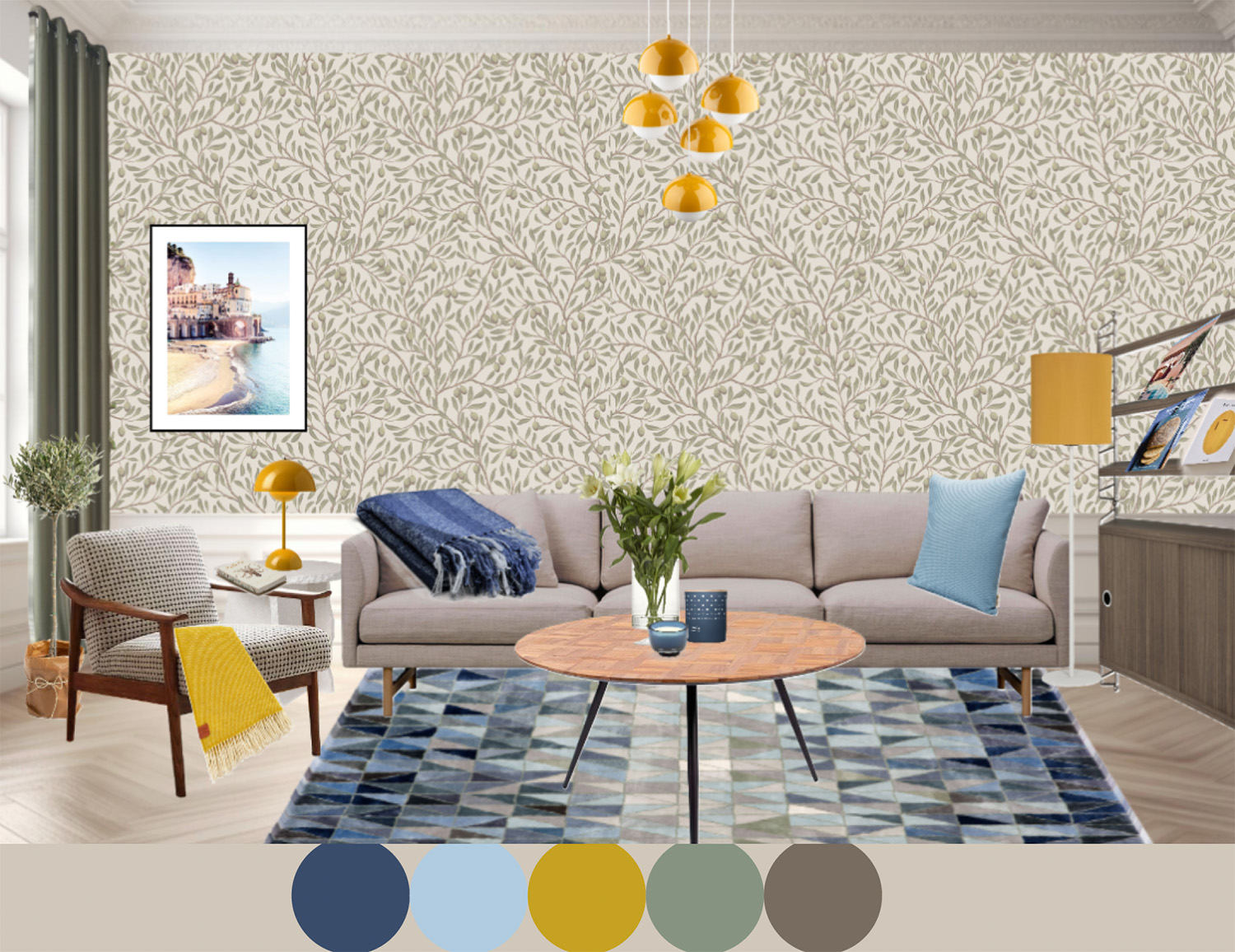 Moodboard hållbar inredning med färg